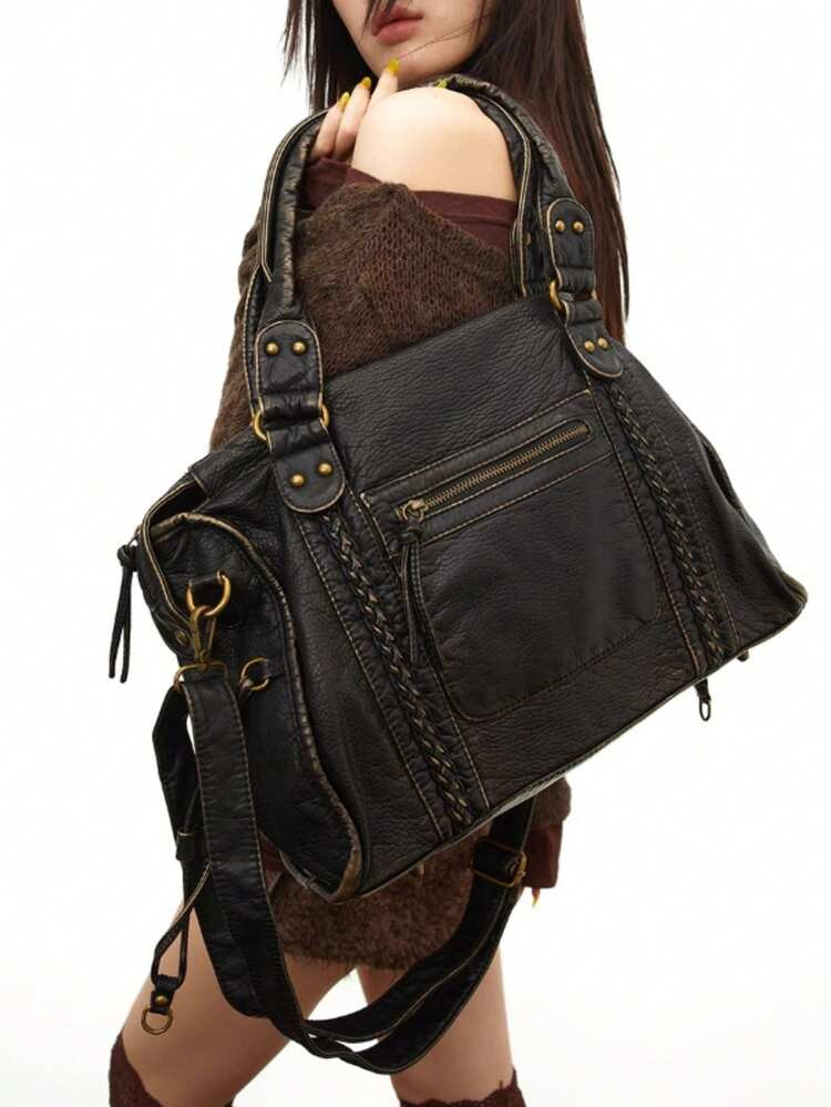 Ladies' Fashionable Street Punk Retro Shoulder Bag, Large Capacity Y2K Spicy Girl Motorcycle Tote Bag, Pure Vegan Leather City Commuting Bag, Detachable Shoulder Strap Diagonal Cross Bag, Perfect For Daily Use And Gatherings, Is A Perfect Holiday Gift | SHEIN