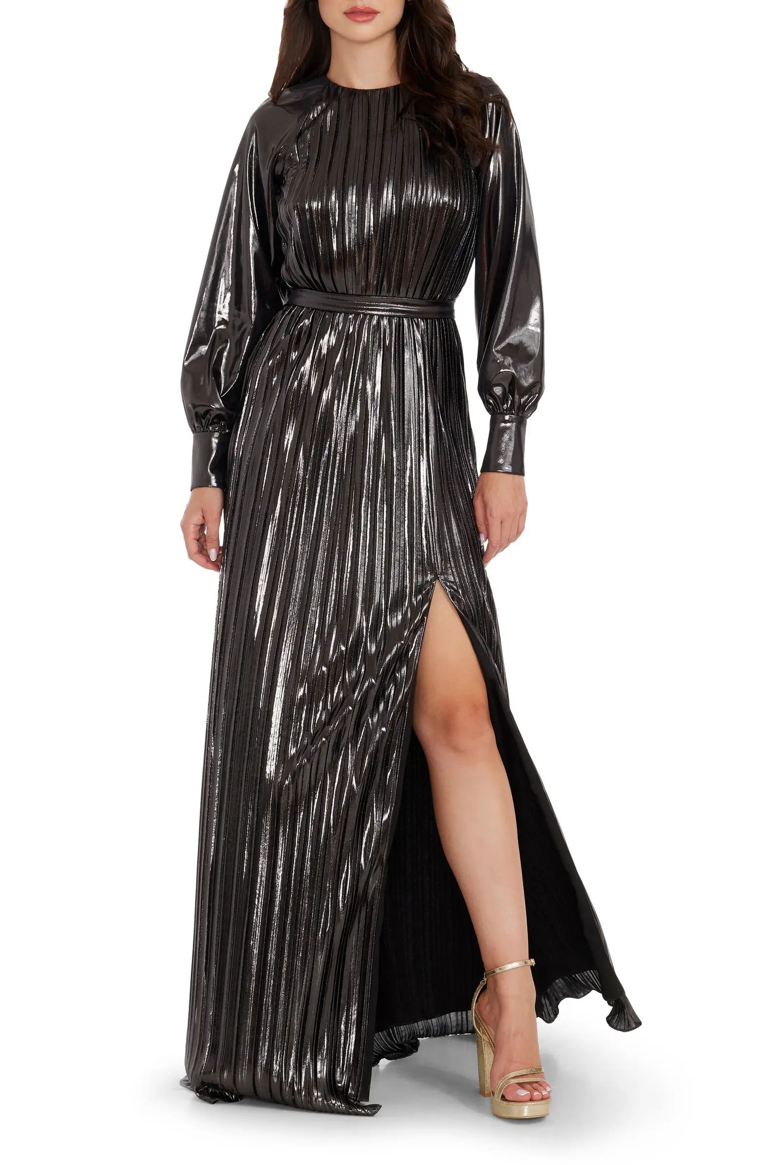 Calista Metallic Jacquard Stripe Long Sleeve Gown | Nordstrom