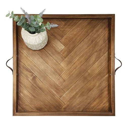 Large Square Ottoman Tray 24"x24", Wooden Ottoman Trays with Leather Handles, Rustic Decorative Storage Tray for Ottoman | Amazon (US)