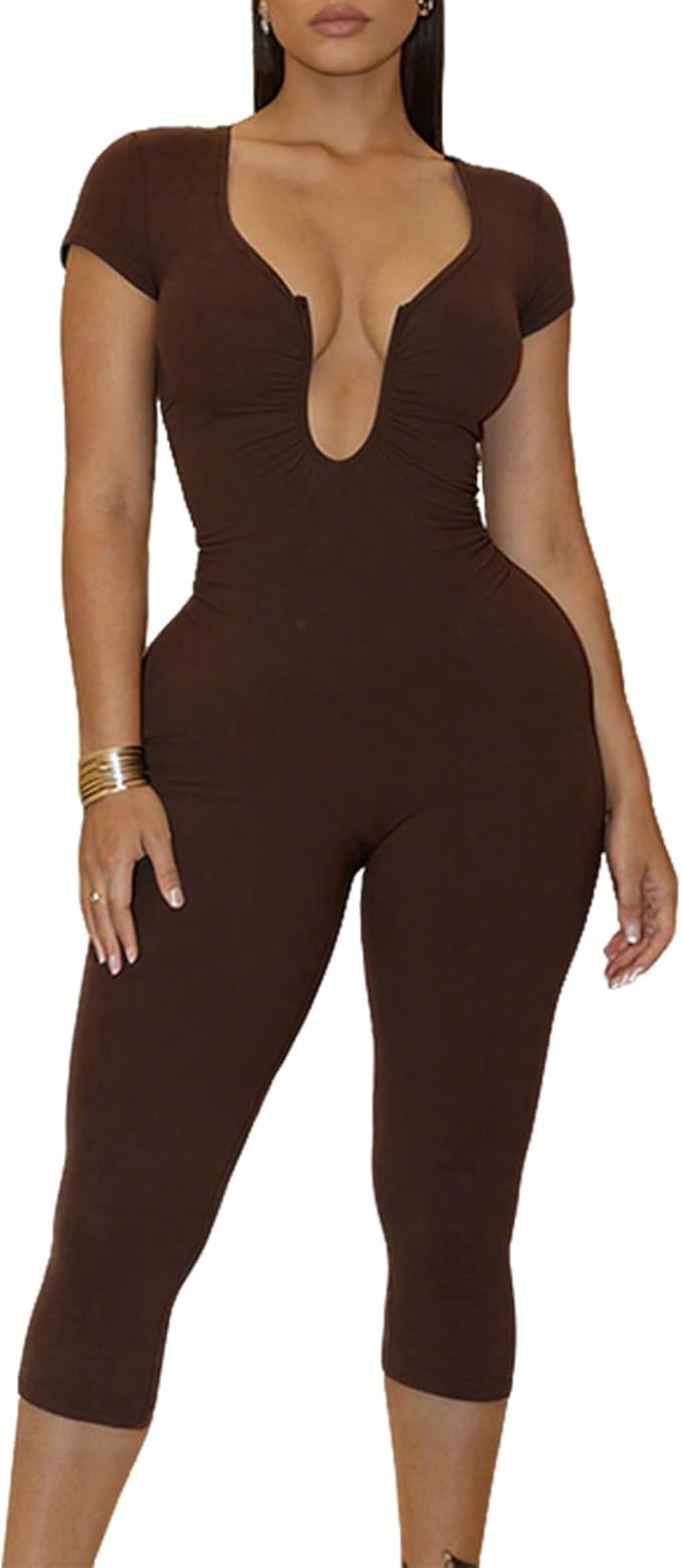 Sexy Jumpsuits Cut Out U Neck Short Sleeve Top Capri Pants Romper One Piece Capri Jumpsuits Going... | Amazon (US)