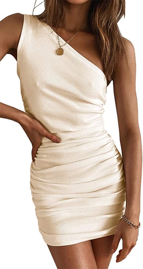 Womens One Shoulder Bodycon Ruched Cocktail Party Sleeveless Sexy Elegant Mini Dress | Amazon (US)