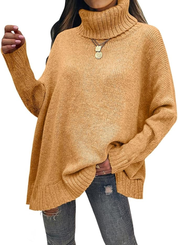 Amazon.com: Womens Turtleneck Sweaters Long Sleeve Pullover Oversized Knit Sweater Side Split Loo... | Amazon (US)