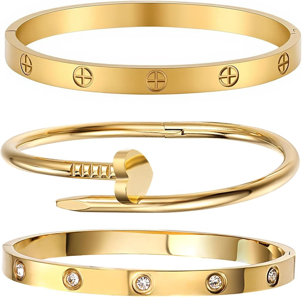 18K Gold Plated Stainless Steel Love Nail Bangle Clover Bracelet Set Stackable Dupes for Love Tre... | Amazon (US)