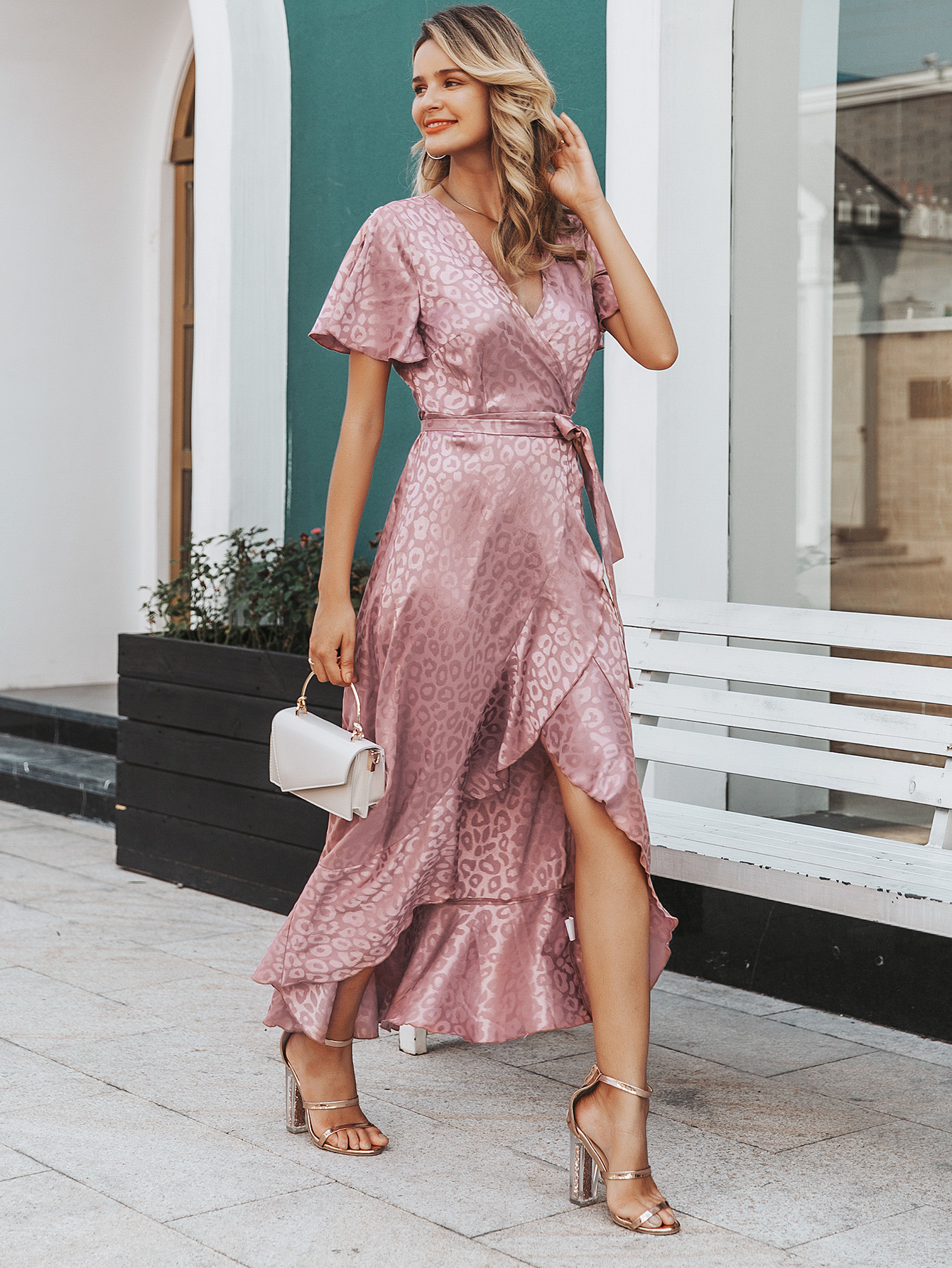 Simplee Leopard Asymmetrical Ruffle Hem Wrap Belted Satin Dress | SHEIN
