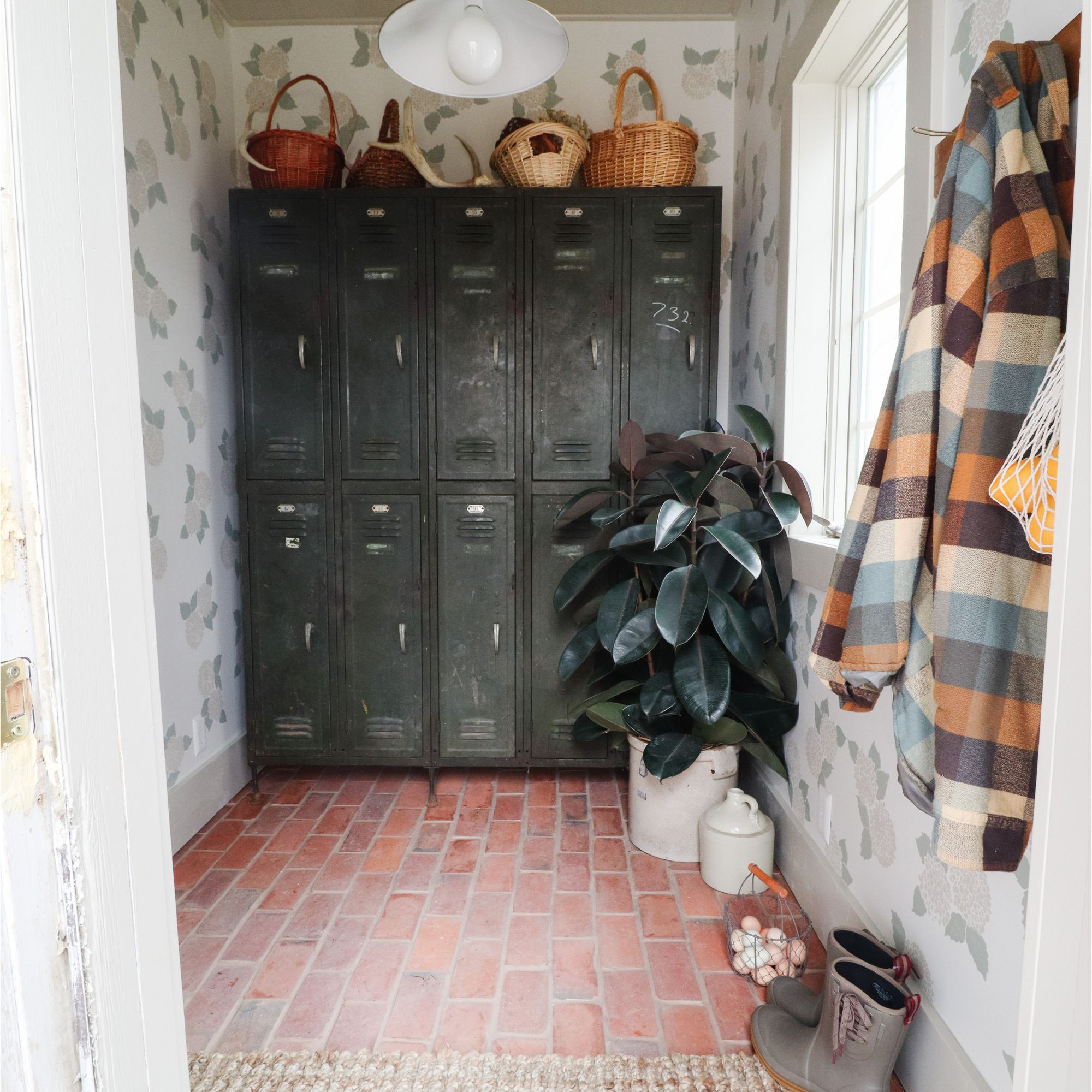 Mudroom but make it kinda cute. Brick floors, vintage lockers, and all the spots to drop the chaos when you walk in the door. Linking everything I can 🤍 

 #LTKHome
