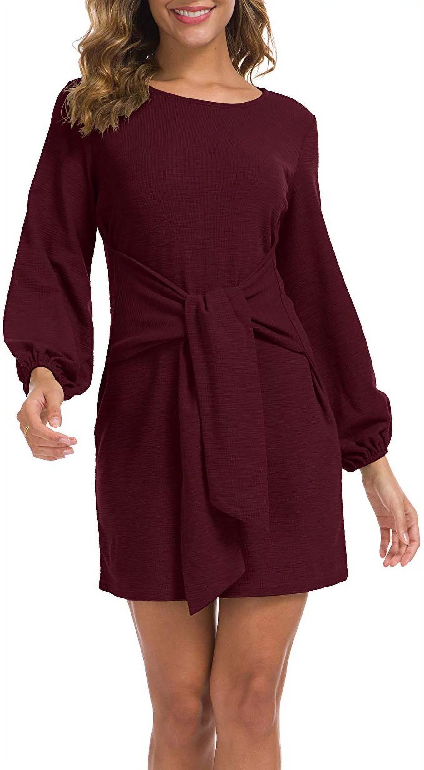 Women's Elegant Long Sleeve Dress Casual Tie Waist Sweater Dresses - Walmart.com | Walmart (US)