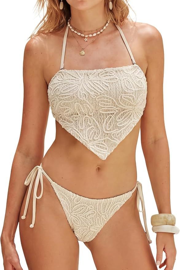 ZAFUL Womens Crochet Bikini Sets Halter String Two Piece Swimsuits Cheeky Bandeau Side Tie High C... | Amazon (US)