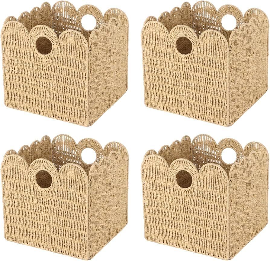 4 Pcs 12x12 Scalloped Wicker Storage Cubes - Woven Paper Rope Storage Baskets, Foldable Square Bi... | Amazon (US)