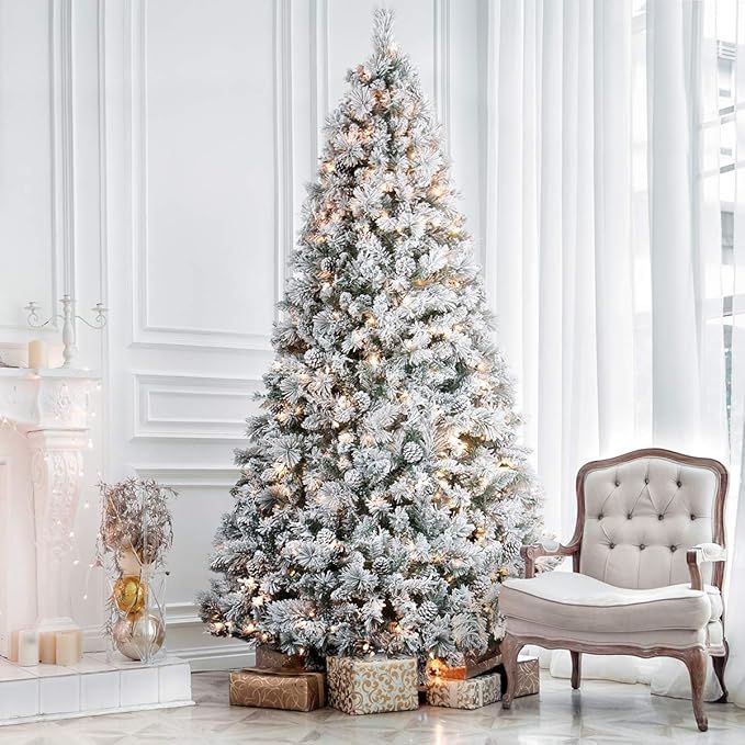 Amazon.com: ANOTHERME 6ft Pre-Lit Christmas Tree Snow Flocked, Feel Real, 300 Warm Lights,Pinecon... | Amazon (US)