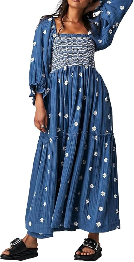 Women Boho Flowy Maxi Dress Floral Embroidered Puff Sleeve Long Dress Off The Shoulder Square Nec... | Amazon (US)