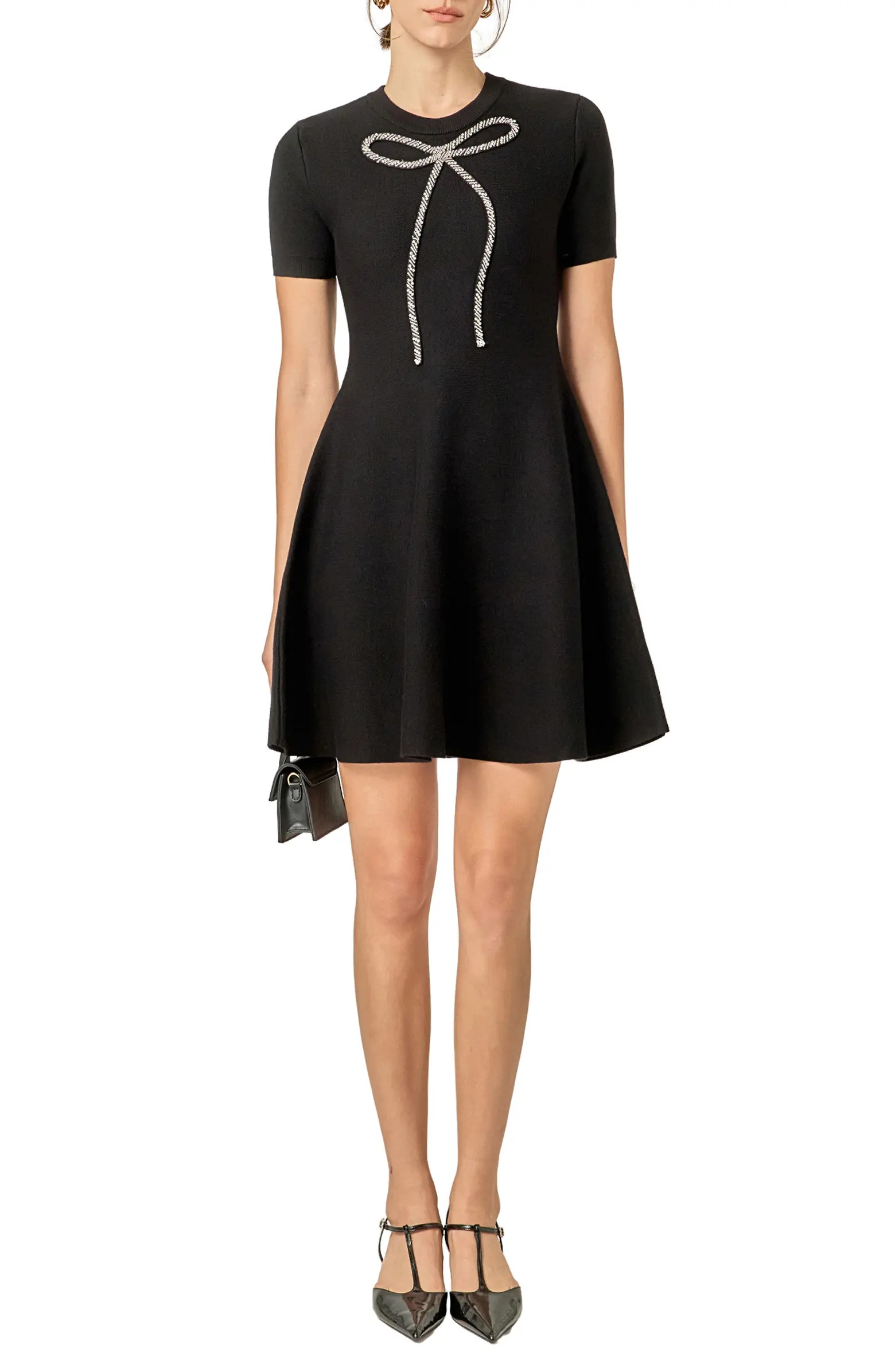 Rhinestone Bow Fit & Flare Knit Dress | Nordstrom