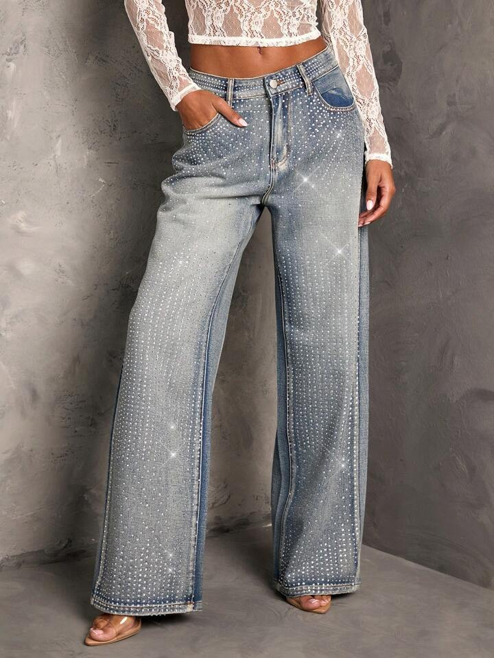 SHEIN BAE Women's Rhinestone Embellished Straight Leg Blue Jeans, Sexy Party Pants, New Years Eve Outfit, Glitter Pants, Women Sequin Jeans, Sequin Pants, Holiday Party Pants, Christmas Pants | SHEIN