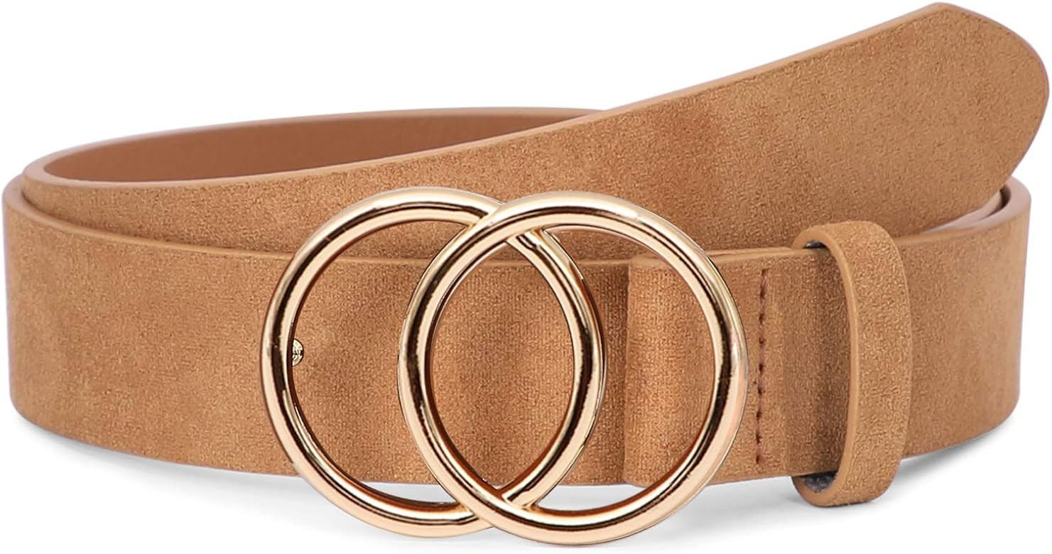 Women Leather Belt Fashion Double O-Ring Soft Faux Leather Waist Belts For Jeans Dress | Amazon (US)