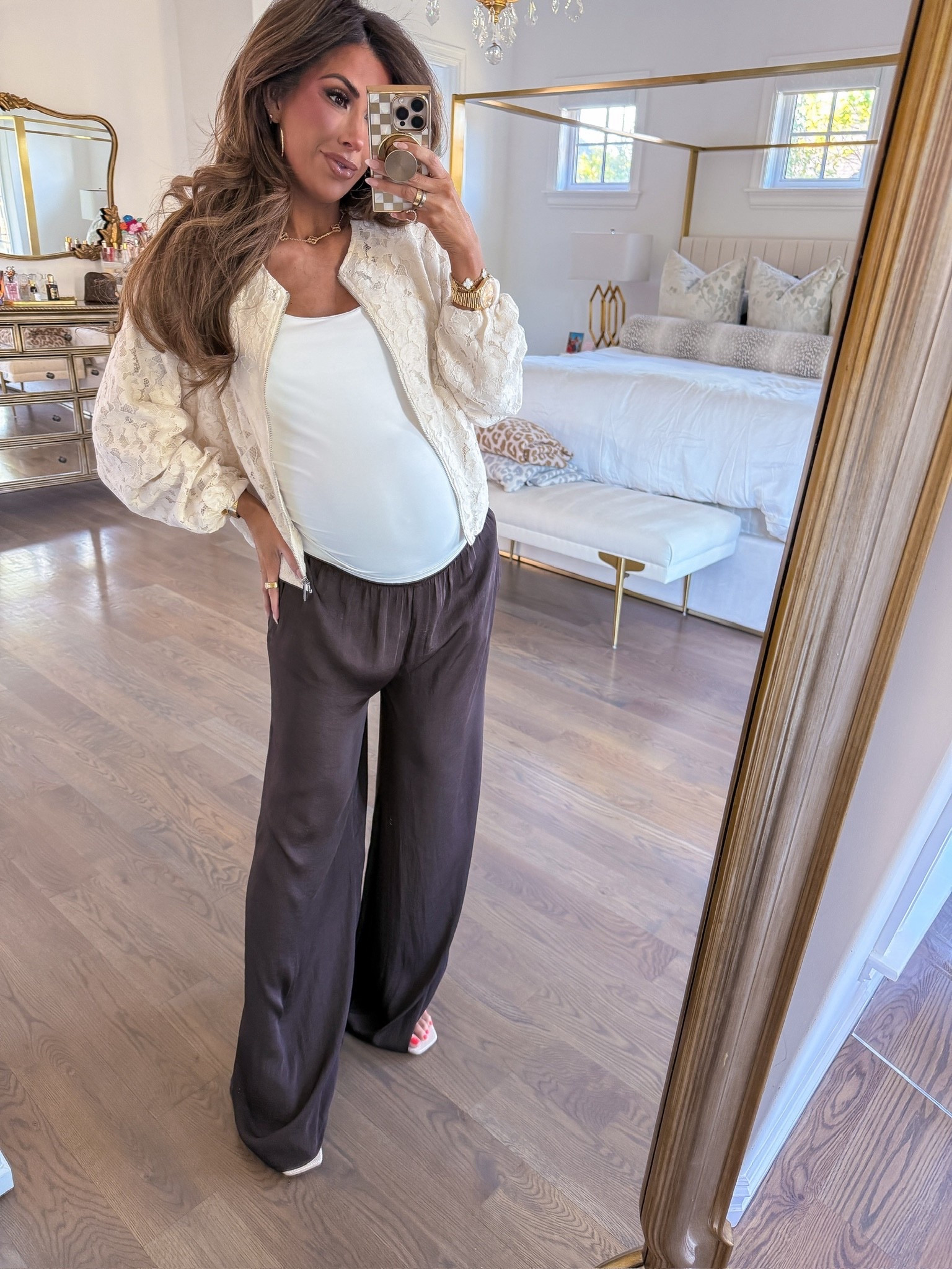 Wearing a size small in this lace bomber jacket that is giving Zimmermann! Size large in white tank and size medium in brown wide leg pants! 

Spring outfits, Preppy outfits, Lace bomber jacket, Brown flowy pants, Brown wide leg pants, Zara pants, Nordstrom jacket, Vacation outfits, Spring outfits 2026, Bump, Emily Ann Gemma

#LTKSeasonal #LTKdayinmylife #LTKootd