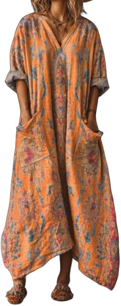 Casual Fall Dresses for Women Tunic Dress V Neck Loose Long Sleeve Vintage Maxi Dress with Pocket... | Amazon (US)