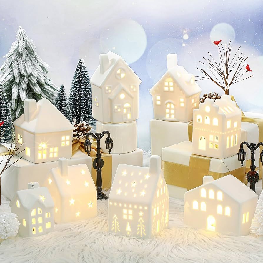 Cindeer 26 Pcs Ceramic Christmas Village Set, 8 LED Christmas Village Houses, 16 Christmas Trees ... | Amazon (US)