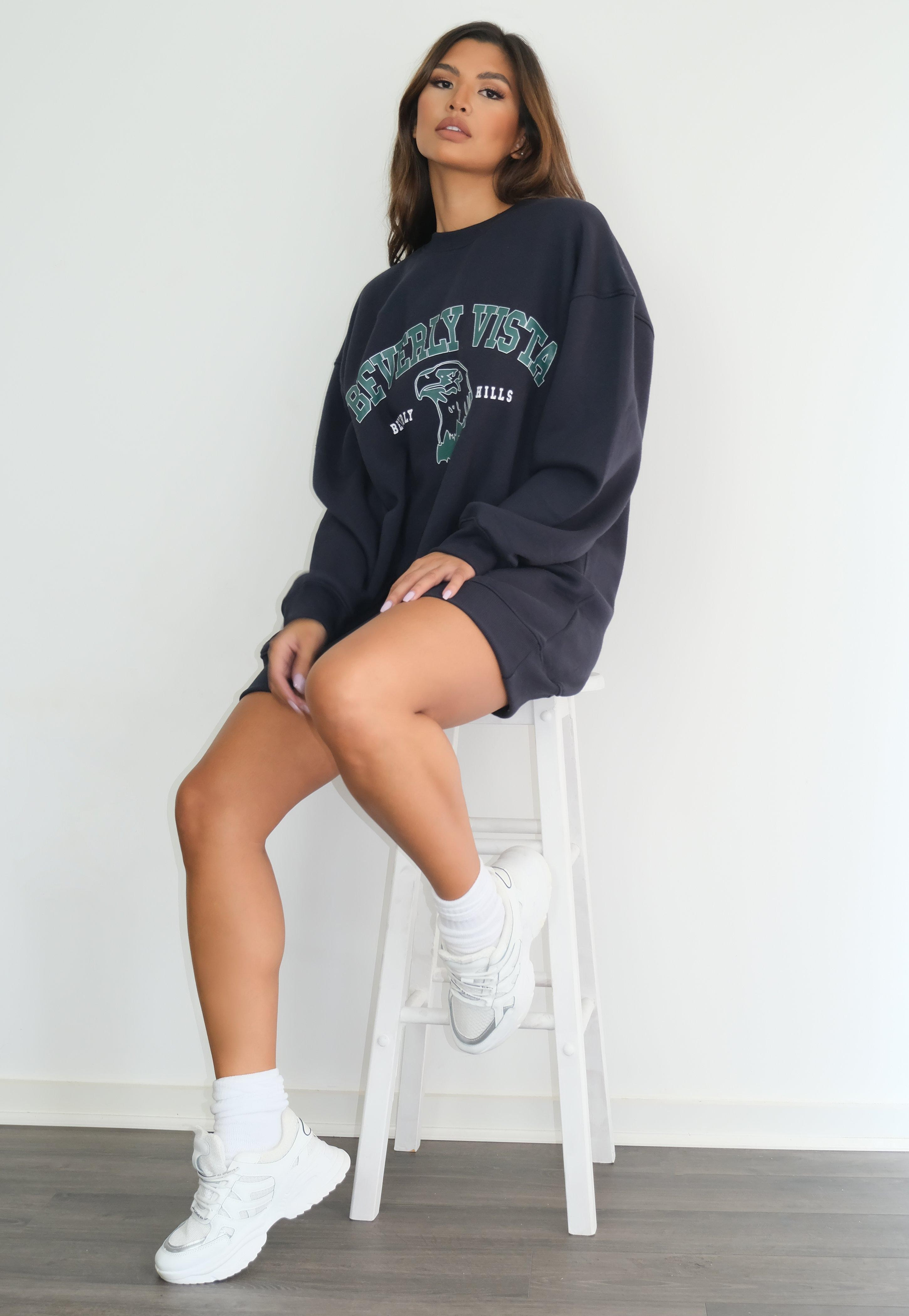 Missguided - Navy Beverly Vista Graphic Oversized Sweater Dress | Missguided (UK & IE)