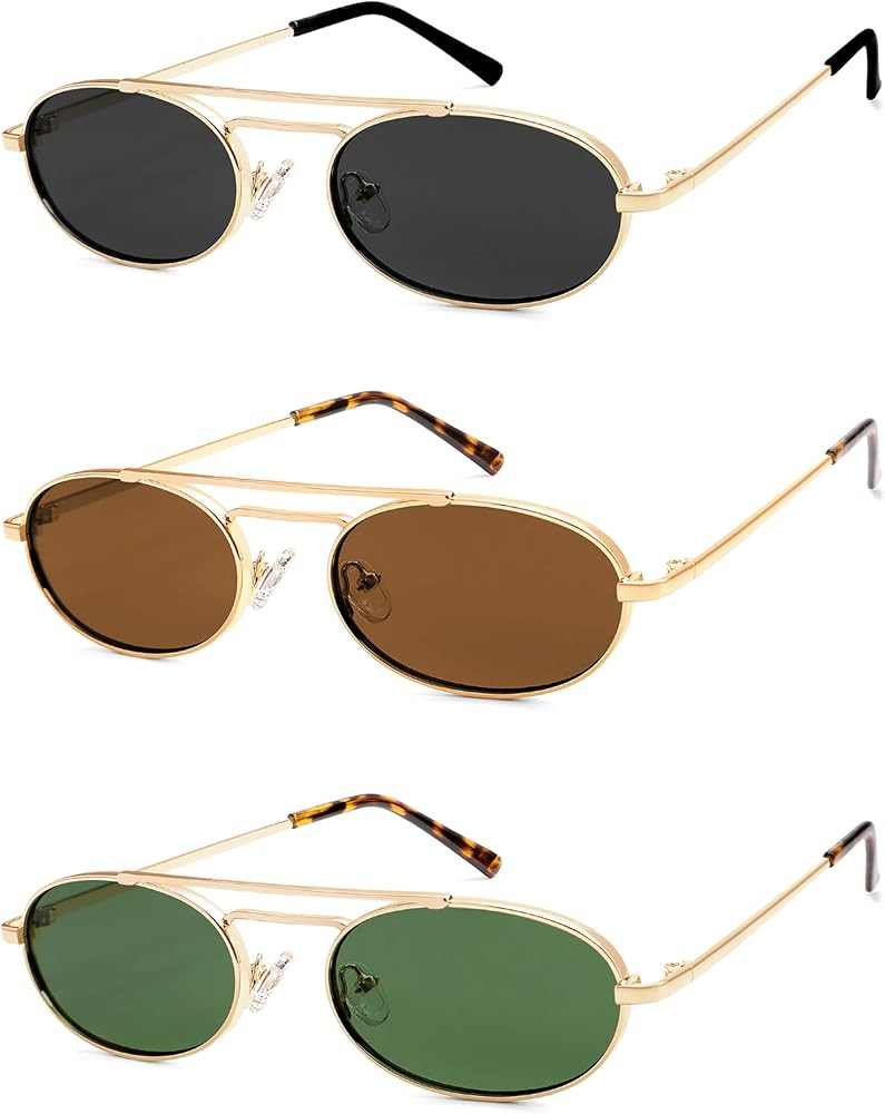 Oval Trendy Retro sunglasses Double bridge for women men 90S Narrow Vintage Small Sunnies AR81048 | Amazon (US)