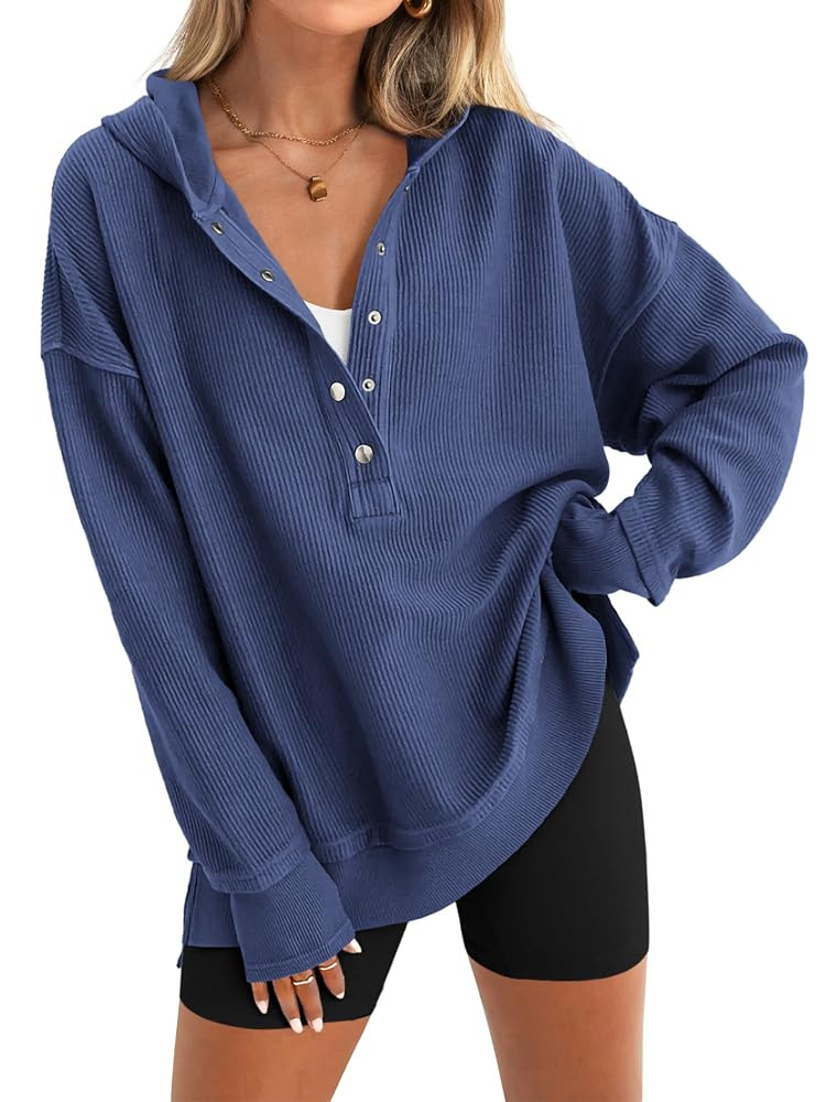 PRETTYGARDEN Womens Fashion 2025 Oversized Long Sleeve Hoodie Button Down V Neck Sweatshirt Side ... | Amazon (US)