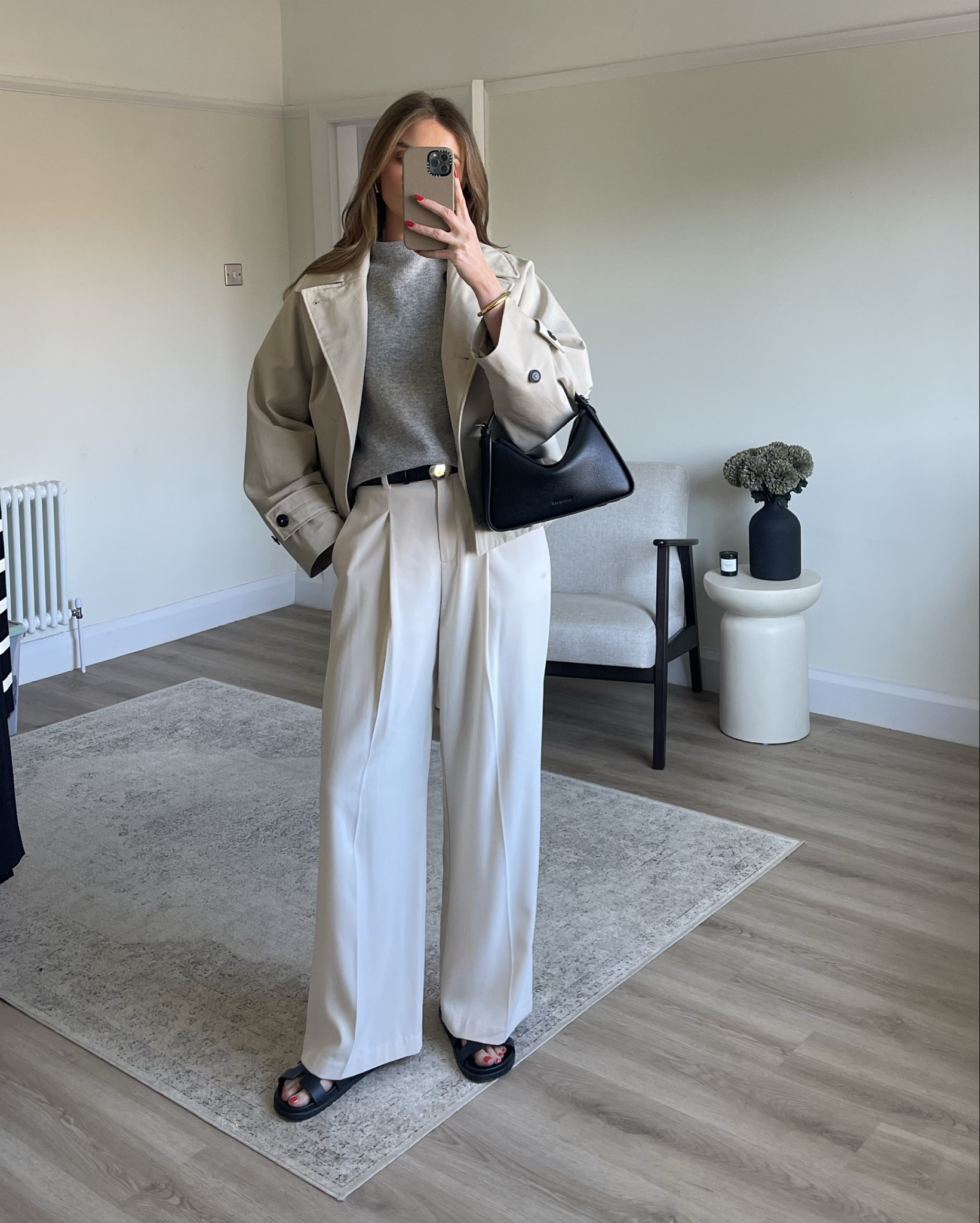 Short trench coat 
Small in the jacket, size down it comes up big 
XS/S in the grey knitted top
Size 8reg in the cream trousers
The horse bag
Hermes chypre sandals, dupes linked 
Abercrombie belt 

#LTKuk