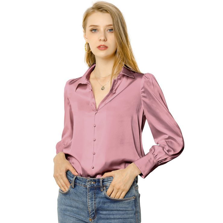 Allegra K Women's Satin Puff Sleeve Point Collar Vintage Button Up Shirt | Target
