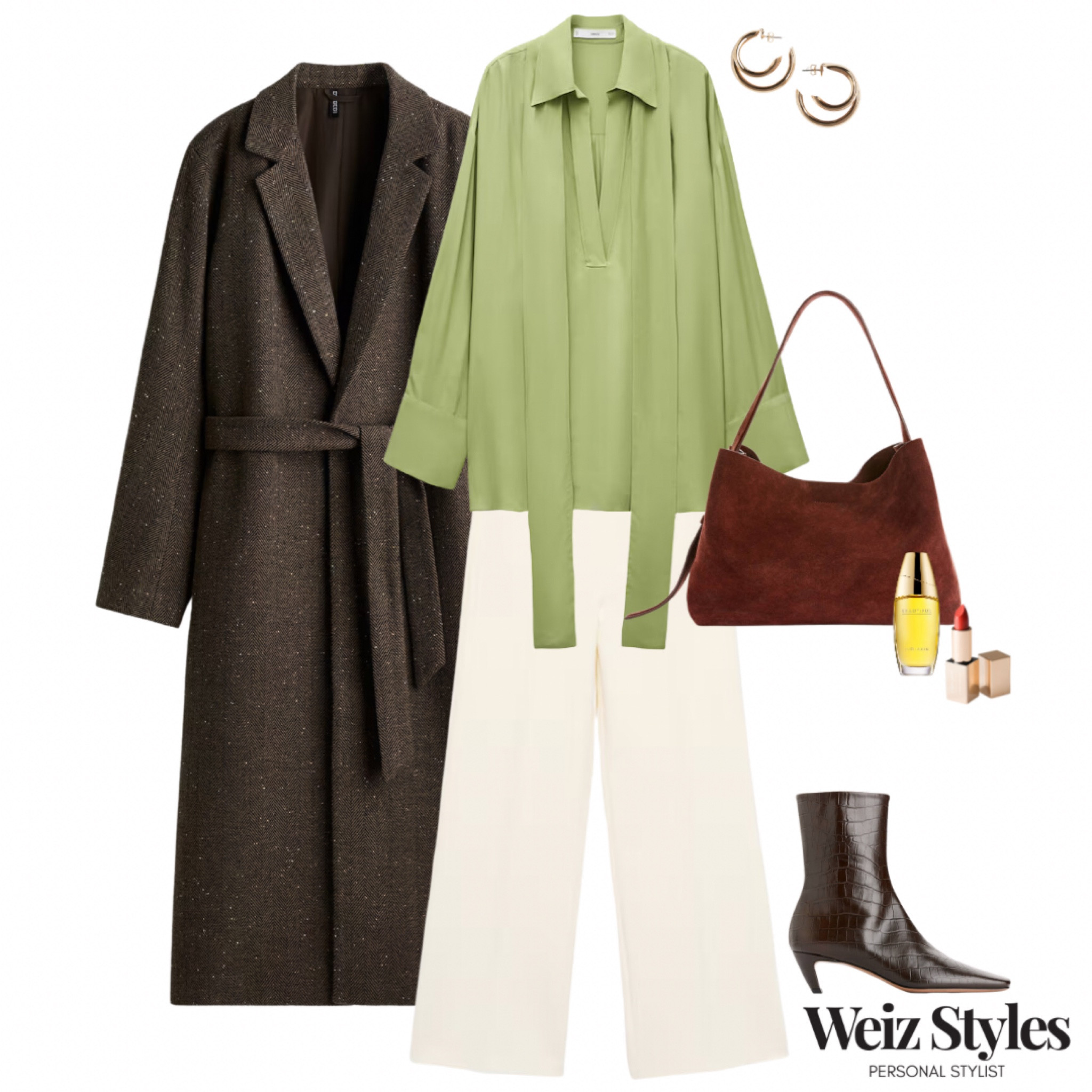 Oozing with femininity, this fabulous outfit is perfect for the transitional season ✨ the gorgeous green blouse and cream trouser combination is a real winner 💃🏻

Head to www.weizstyles.com to find out how I can help you on your style journey 💖

Louise x

Personal stylist, styling, ootd, neutral aesthetic, London, Weiz styles, shopping, outfit of the day, uk, confident, handbag, bag, perfume, fragrance, lipstick, lip, elevate your style, feel good, flat lay, shopping, high street, designer, ltk, autumn, autumnal, white, cream, green, bright, warm, wide leg trousers, feminine, chic, effortless, womenswear, elegant, blouse, top, sheer, translucent, coat, wrap around, layers, layering, gold earrings, hoops, suede handbag, brown, lipstick, lippy, brown boots, heels, heeled, crocodile, croc, confident, colour, pretty

#FashionMonth #LTKuk #LTKautumn