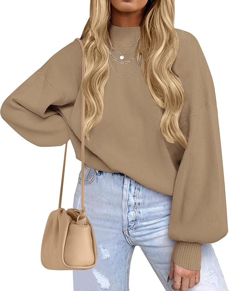 ZESICA Women's 2024 Casual Turtleneck Long Lantern Sleeve Oversized Ribbed Knit Pullover Sweater ... | Amazon (US)