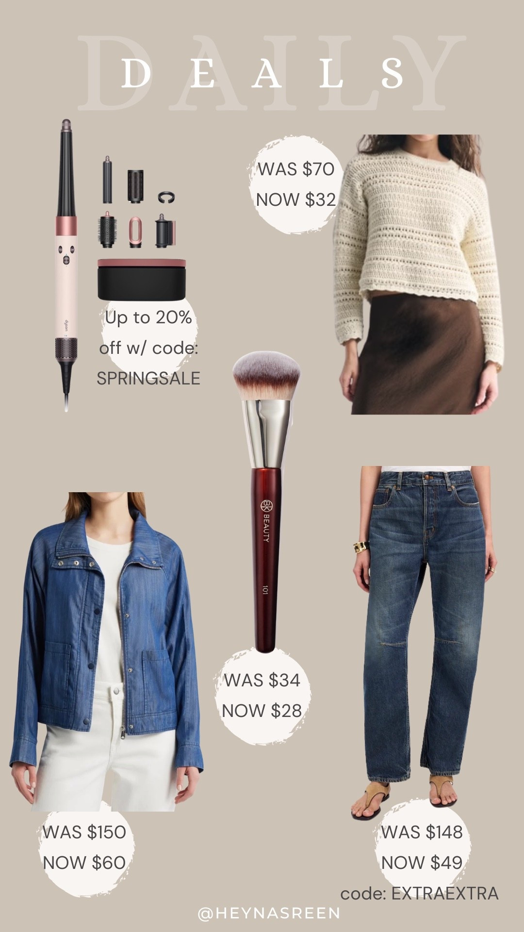 Daily deals on Dyson Airwrap, Abercrombie sweater, Madewell jeans, BK beauty foundation brush, Bernardo jacket 
