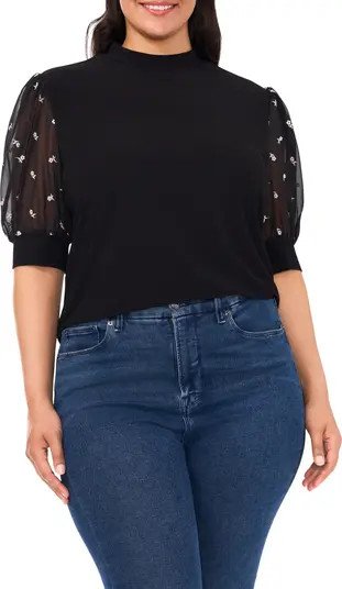 CeCe Mixed Media Puff Sleeve Mock Neck Top | Nordstrom | Nordstrom