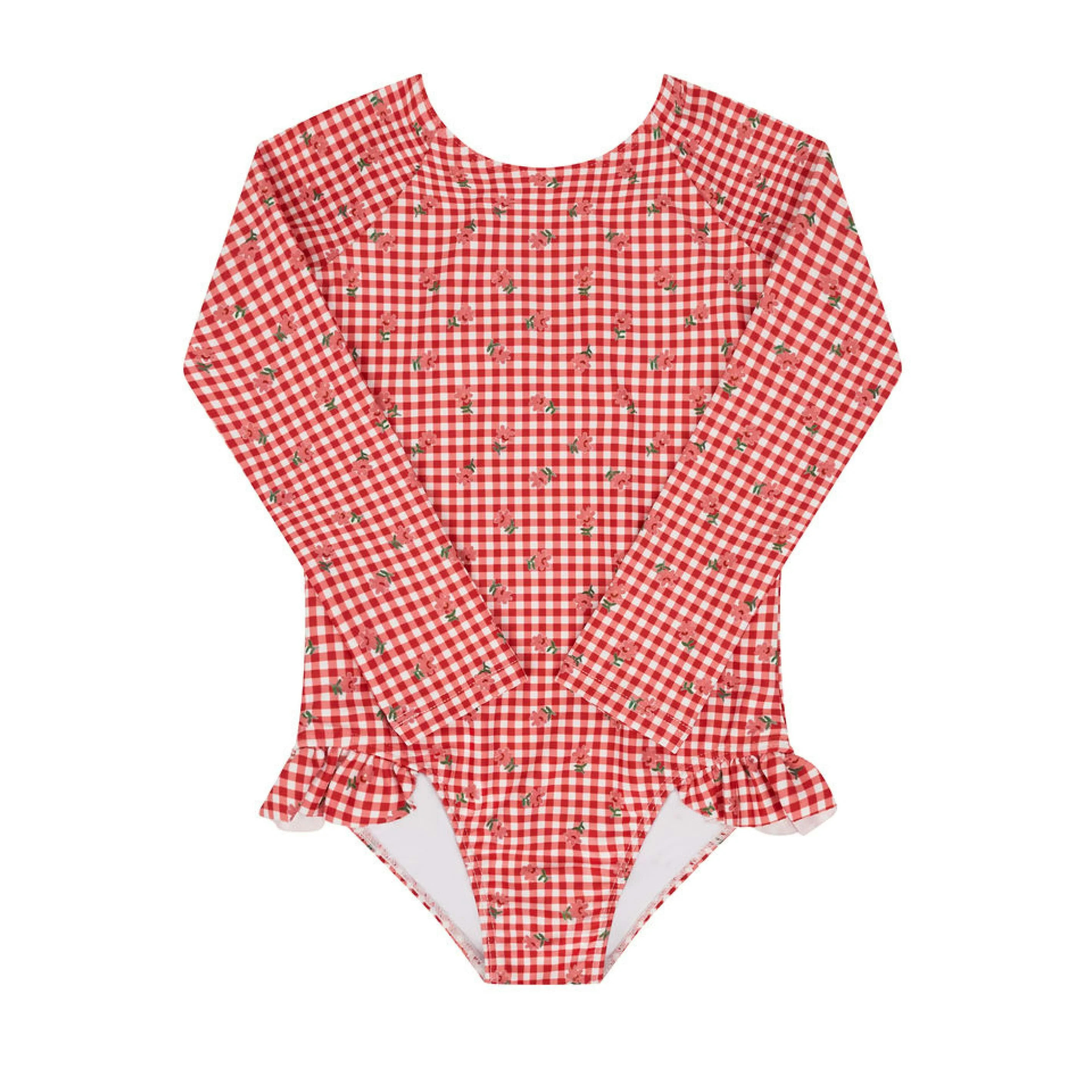girls cranberry gingham rashguard one piece | Maisonette