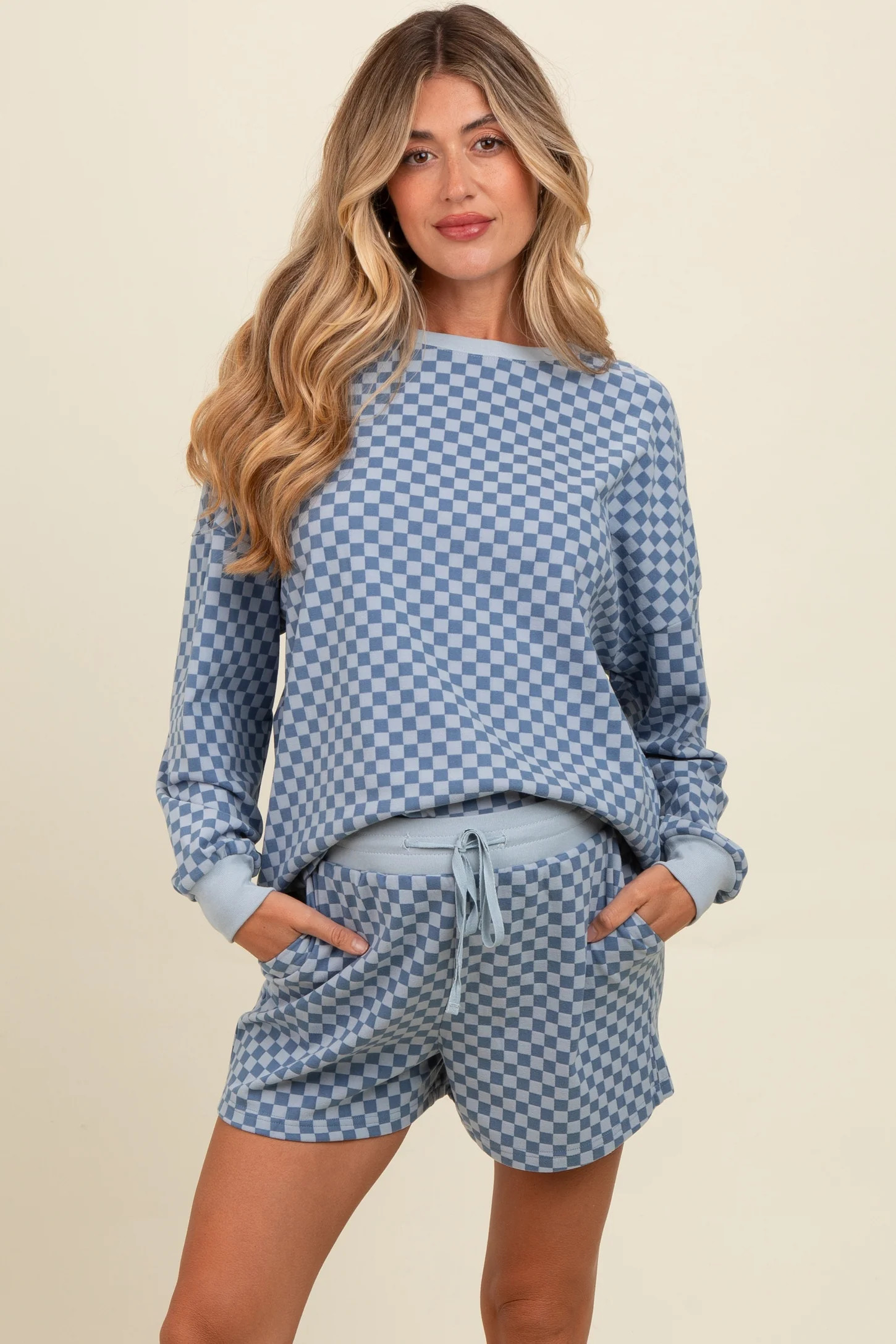 Blue Checkered Plaid Pullover Shorts Maternity Set | PinkBlush Maternity