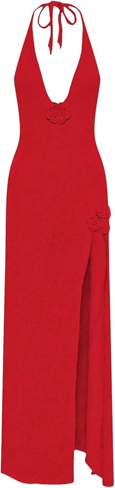 GORGLITTER Women's Flower Bow Halter Bodycon Maxi Dress Backless V Neck Sleeveless Summer Beach V... | Amazon (US)