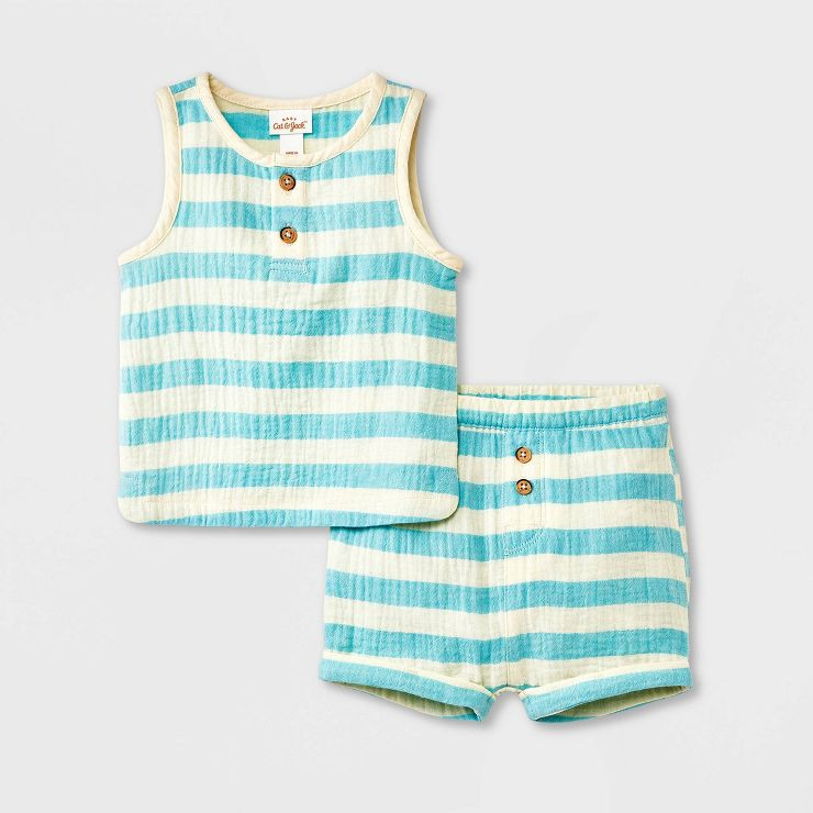 Baby Striped Gauze Henley Tank Set - Cat & Jack™ Blue | Target