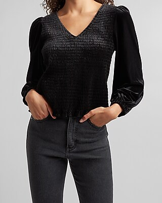 Smocked Velvet Sleeve Top | Express