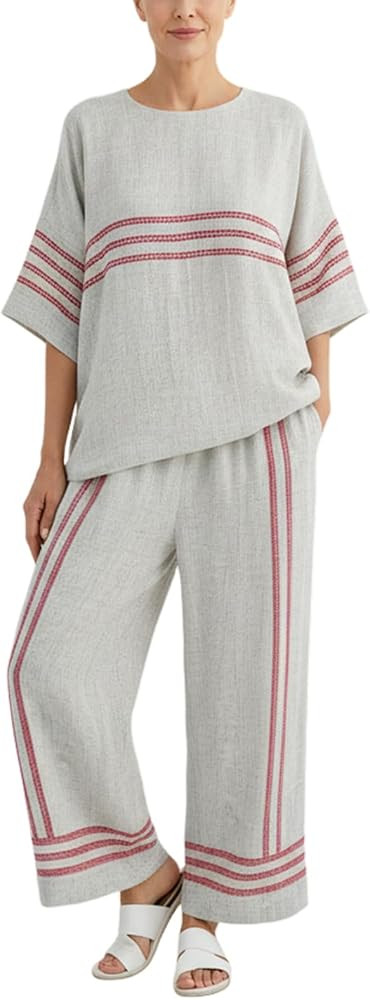 Akivide Womens Linen Striped 2 Piece Outfits Summer Oversized Half Sleeve Tops and Wide Leg Pants... | Amazon (US)
