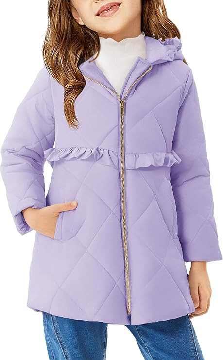 Haloumoning Girls Winter Coats Warm Hoodie Puffer Jacket Quilted Ruffle Fleece Coat 4-14 Years   ... | Amazon (US)