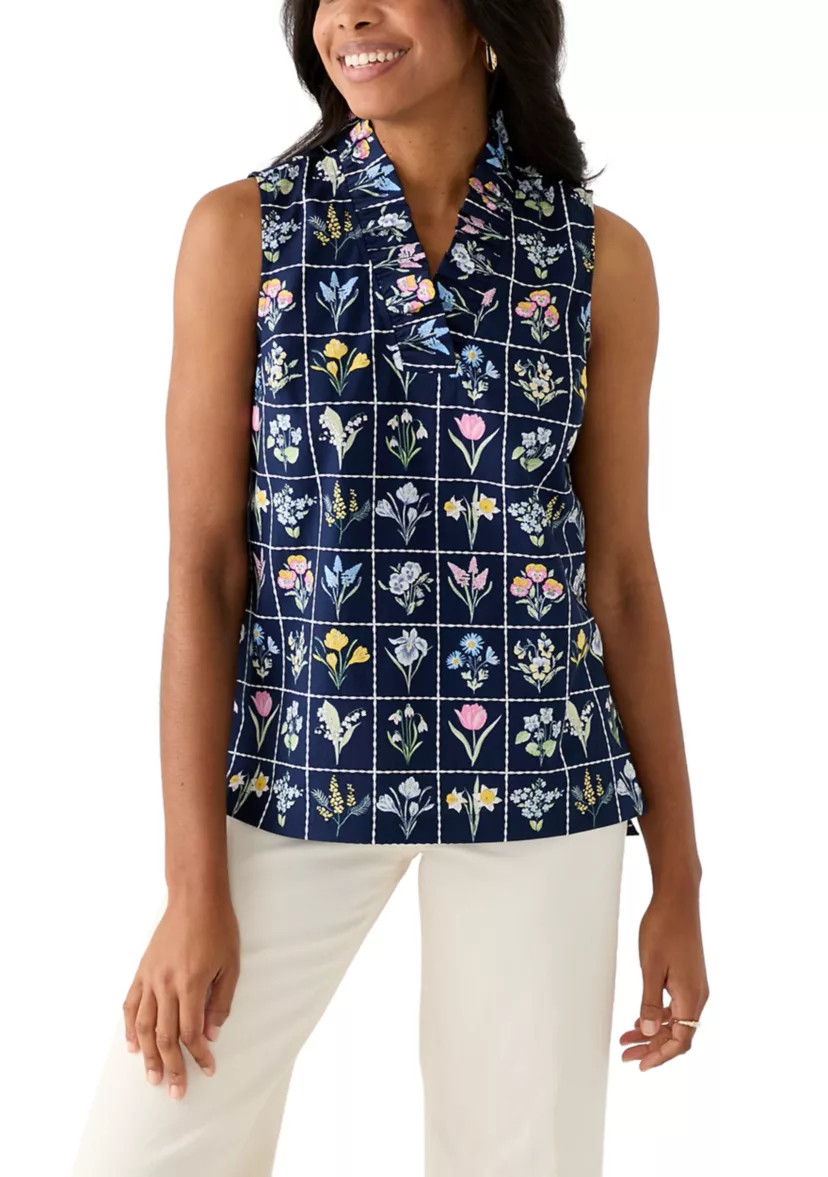 Women's Sleeveless Eyelet Ruffle Neck Printed Top | Belk