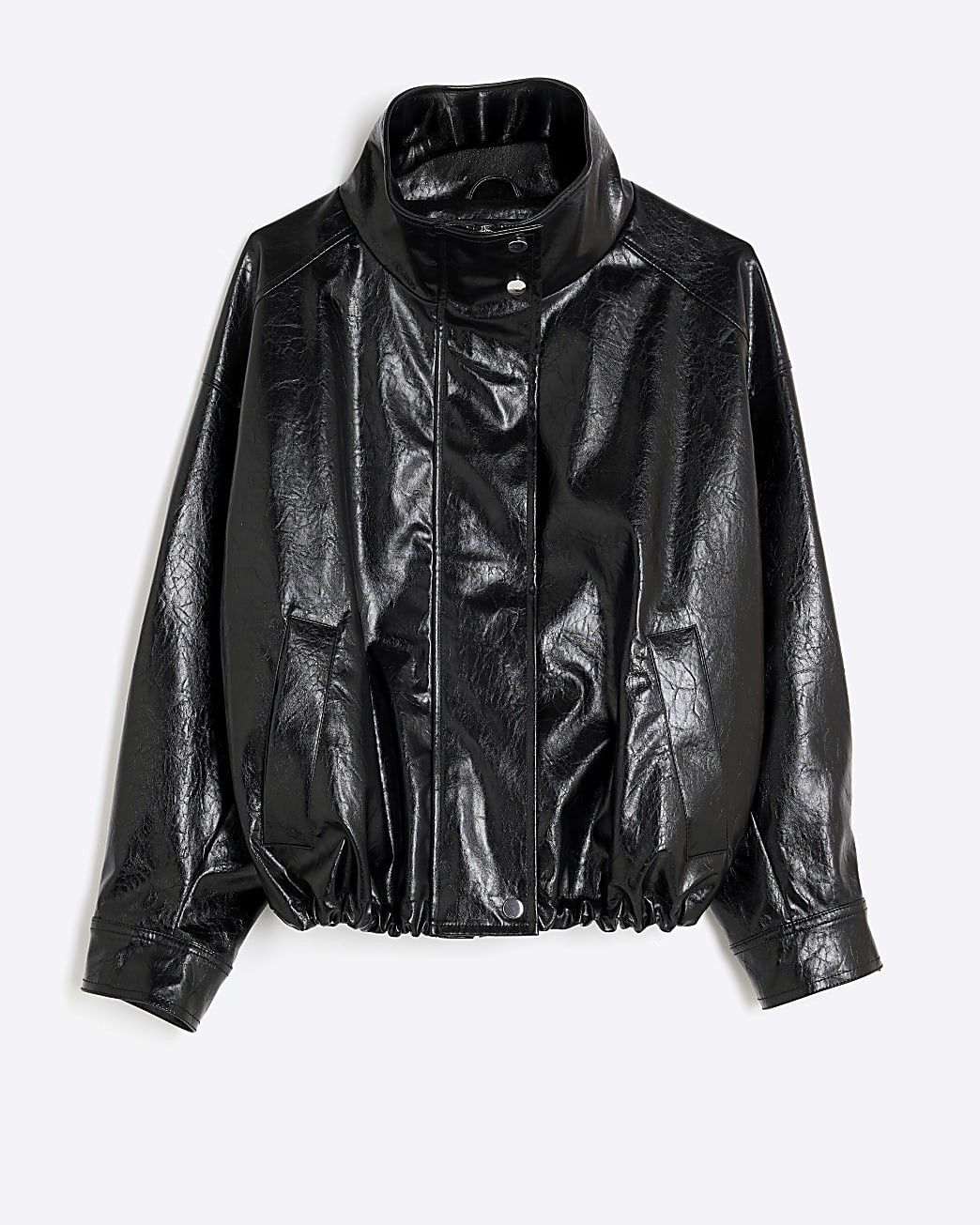 Black Faux Leather Funnel Neck Jacket | River Island UK & IE