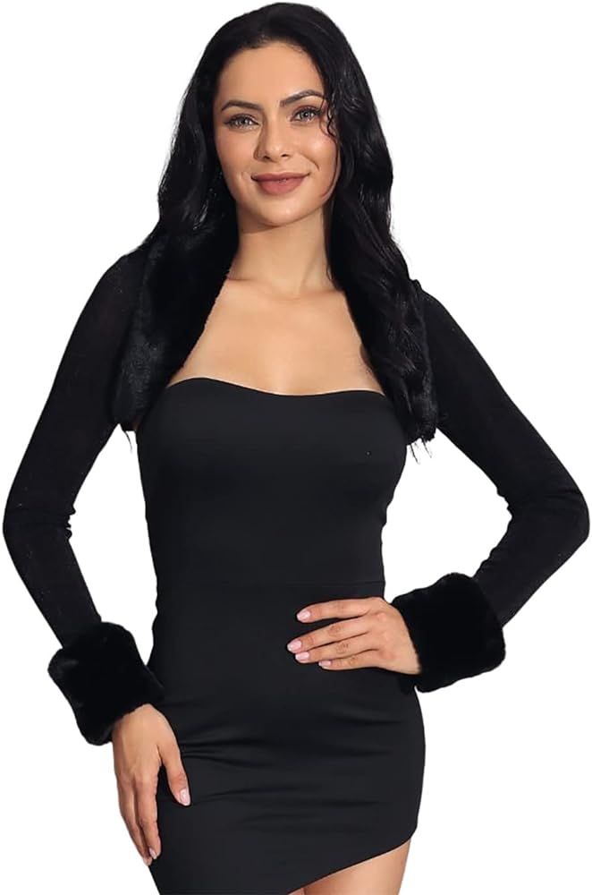GORAIS Womens Bolero Shrugs Black Evening Fur Bolero Jackets Party Long Sleeve Fur Shrug for Wedd... | Amazon (US)