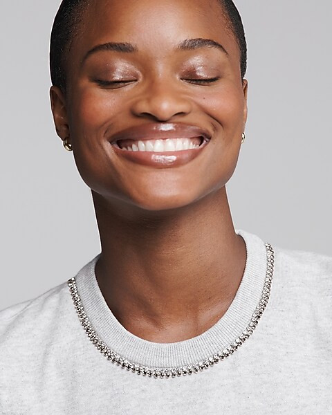 Embellished Skimming Crew Neck Short Sleeve Sweater | Express