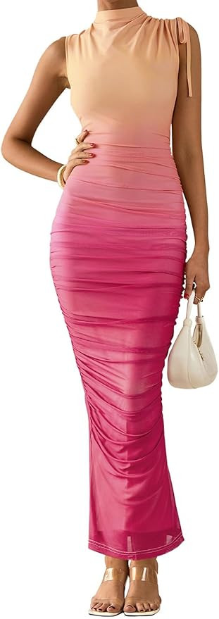 PRETTYGARDEN Women's Summer Maxi Floral Dresses Ruched Bodycon Sleeveless Mesh Formal Wedding Gue... | Amazon (US)