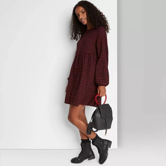 Women's Plaid Long Sleeve Woven Babydoll Dress - Wild Fable™ | Target