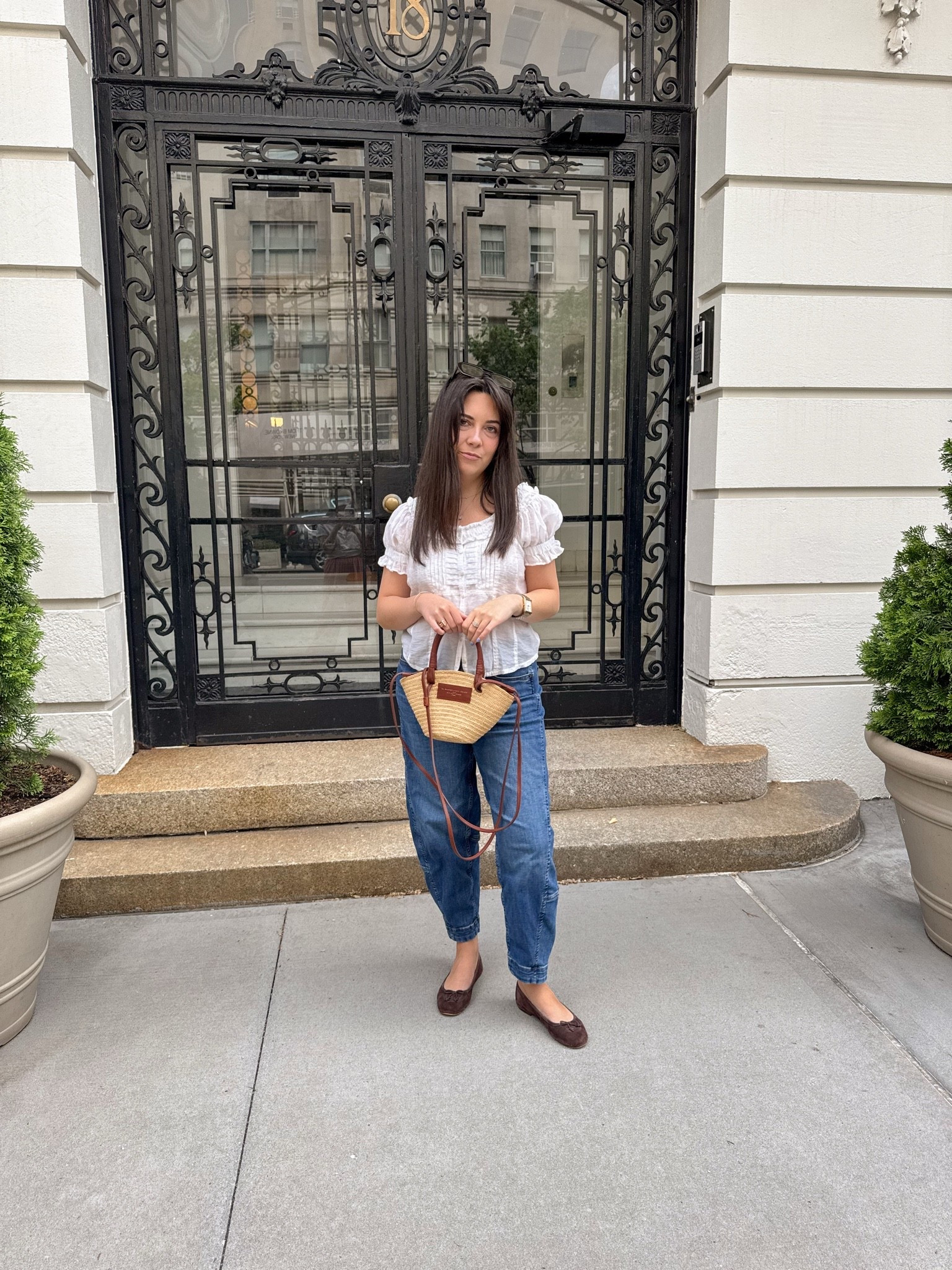 Sheer white top + relaxed straight leg jeans + chocolate brown ballet flats + a woven mini bag for the perfect effortless NYC daytime look ✨

#LTKootd #LTKSeasonal