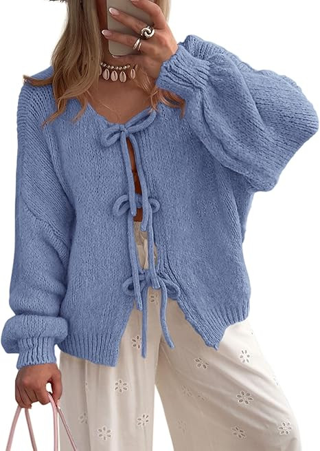 PRETTYGARDEN Women's Tie Front Bow Cardigan Sweaters Chunky Knit Long Puff Sleeve Trendy Fall Win... | Amazon (US)