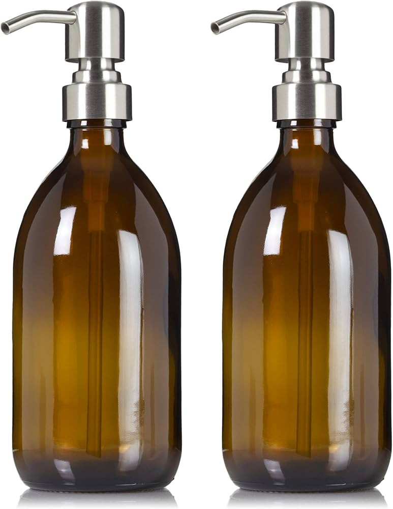 Refillable Amber Glass Dish Hand Soap Lotion Dispenser 16 oz, 2-Pack – Apothecary Bottle with S... | Amazon (US)