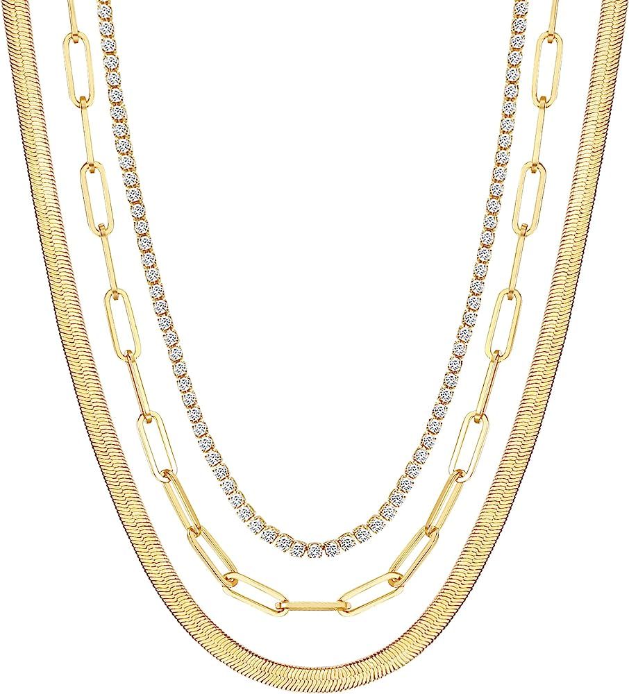 Wowshow Layered Necklaces for Women, Gold Necklace Set herringbone necklace for women 14K Gold Pl... | Amazon (US)
