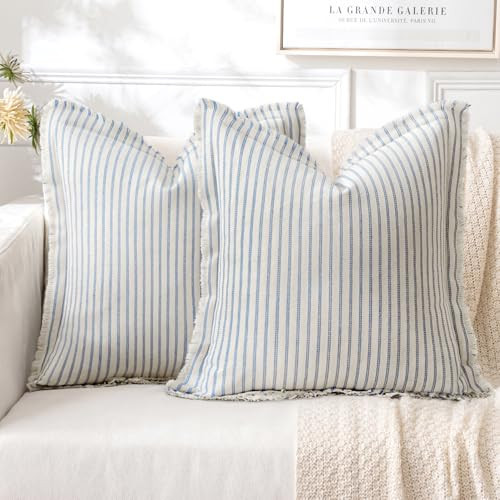 MIULEE Pack of 2 Light Blue Pillow Covers 20x20 Inch Striped Farmhouse Couch Spring Throw Pillow Covers with Fringe Chic Cotton Decorative Cushion Covers for Sofa Living Room Bed Outdoor Home Decor | Amazon (US)