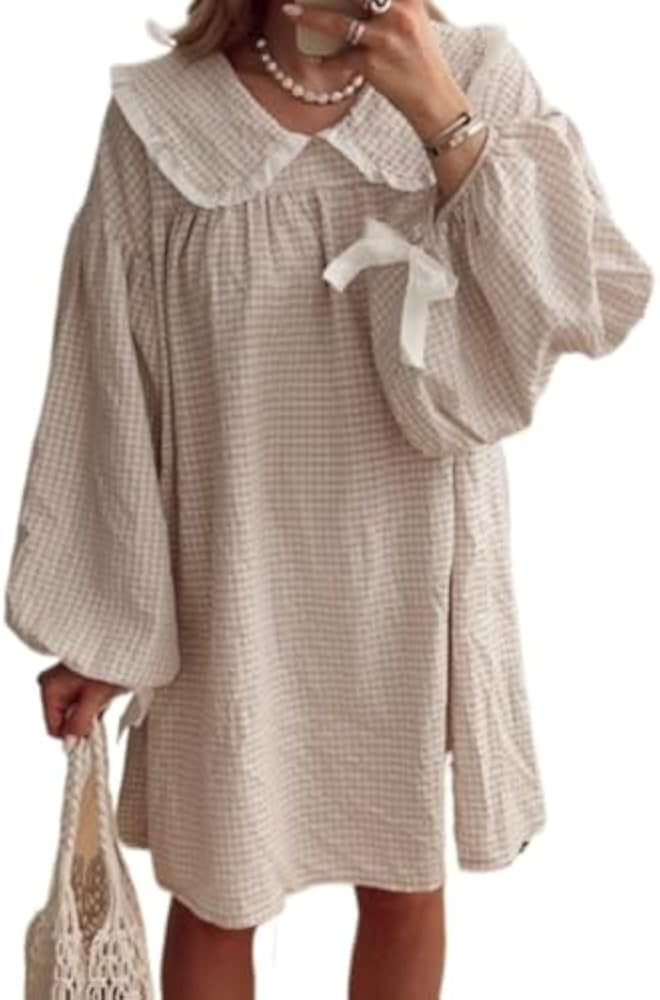 Leopard Print Babydoll Dress for Women Peter Pan Collar Blouse Cheetah Long Sleeve A-Line Cotton ... | Amazon (US)