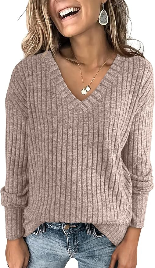 ANRABESS Long Sleeve Shirts for Women V Neck Casual Fall Tops Loose Fit Lightweight Sweaters Tuni... | Amazon (US)
