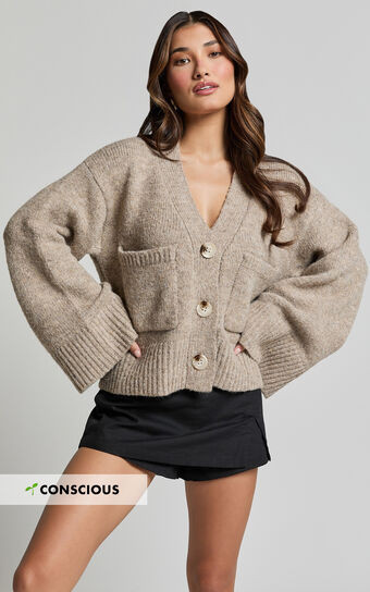 Becka Cardigan - Oversized Recycled Knitted Button Through Cardigan in Biscuit | Showpo (US, UK & Europe)